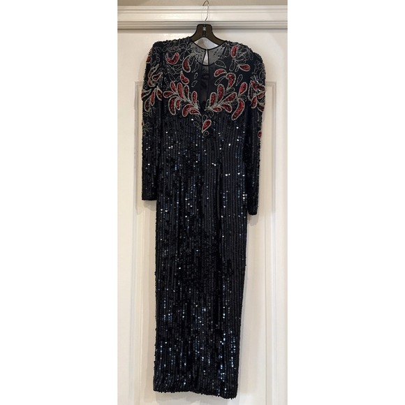 VTG 90s Niteline Dress Women Sz 6 Black Silk All Sequin Floral Beaded Maxi Gown - Picture 3 of 14